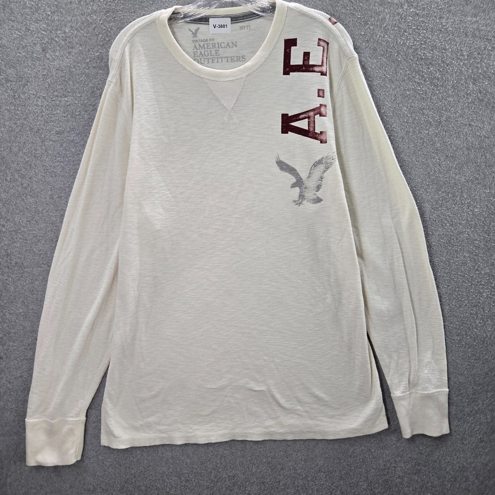 American Eagle Outfitters Men Shirt XL White Waffle Knit Logo Long Sleeve Tee